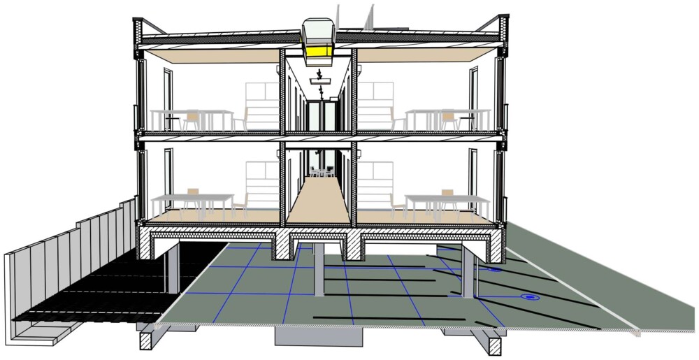 Querschnitt eines dreistöckigen Gebäudes mit Oberlicht und Innenräumen, zeigt Treppenhaus und Fundament