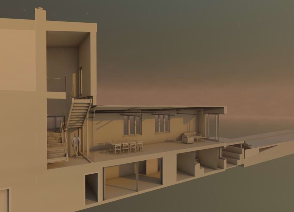 Visualisierung eines Schnitts durch das Loftwohnhaus mit Treppe, Terrasse und Kellerräumen