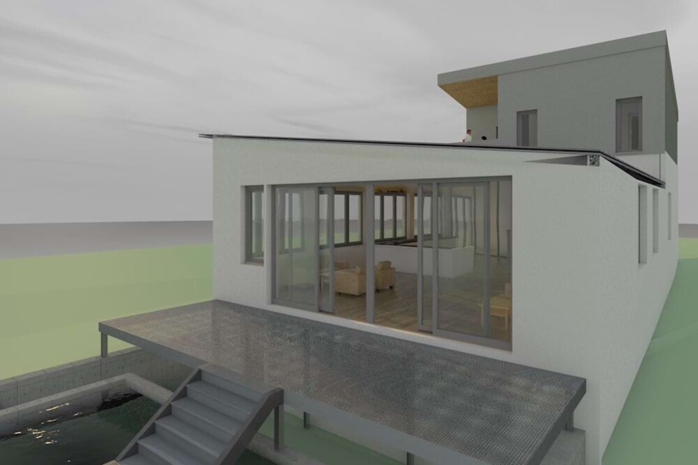 Visualisierung eines modernen Lofts mit großen Glasfronten, Terrasse und Teich im Vordergrund